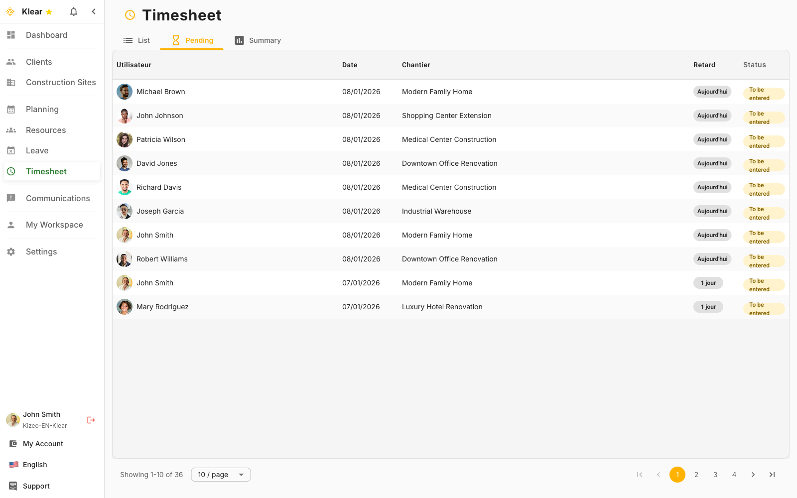 Timesheet management interface